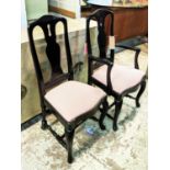 DINING CHAIRS, a set of six, including two carvers each 53cm W, ebonised finish with gingham drop in