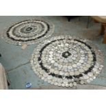 CIRCULAR FLOOR MATS, a pair, made from circular pieces of hide and faux snake skin. (2)