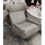CHAIR, grey leather, 63cm x 112cm H, electrically operated, reclining action.