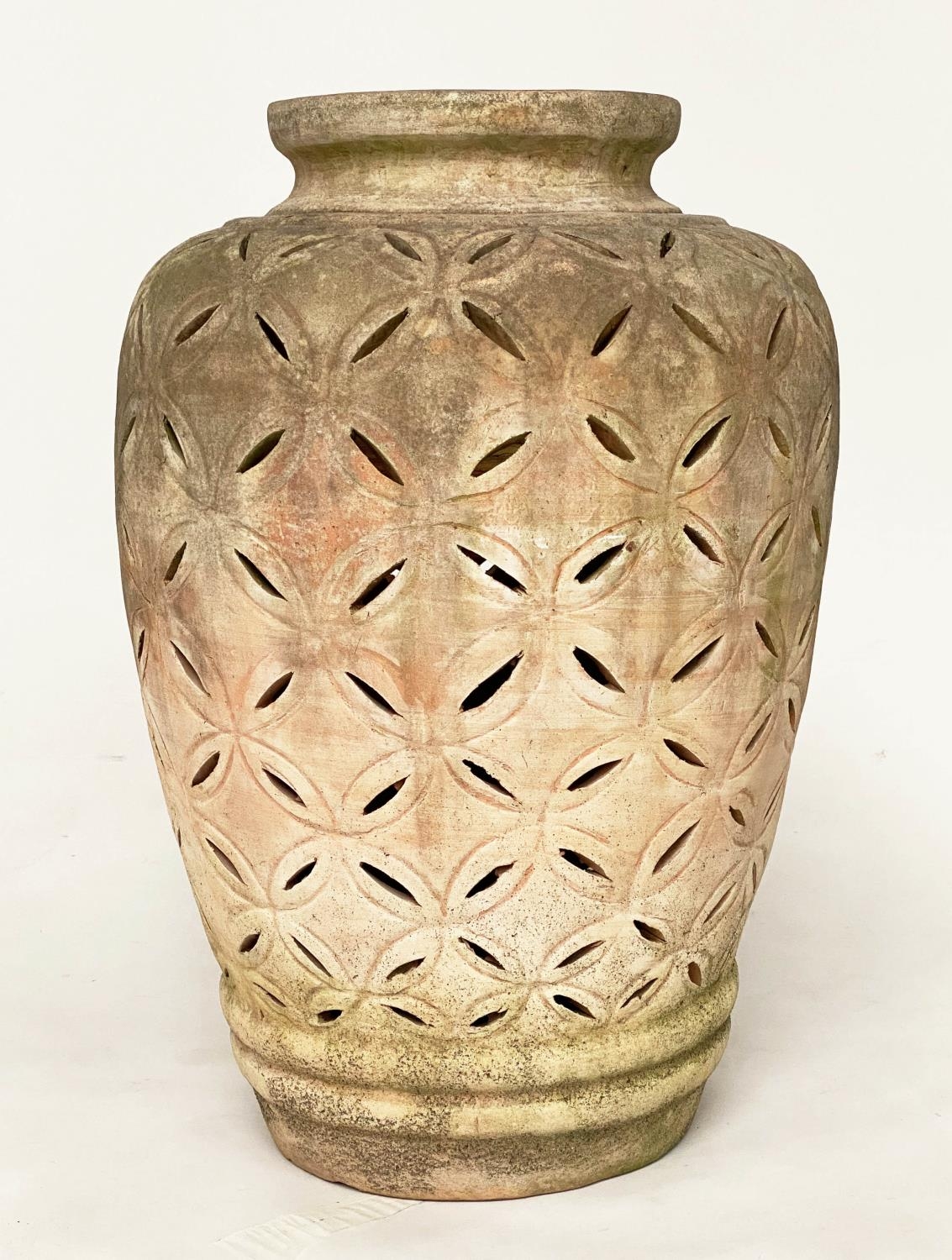 OLIVE JAR, stamped weathered terracotta with crescent piercing throughout, 76cm H. - Image 6 of 6