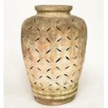 OLIVE JAR, stamped weathered terracotta with crescent piercing throughout, 76cm H.