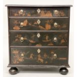 CHEST, 83cm H x 77cm W x 52cm D, 18th century style lacquered and gilt chinoiserie decorated with