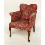 ARMCHAIR, early 20th century Queen Anne style walnut with magenta red printed linen loose cover