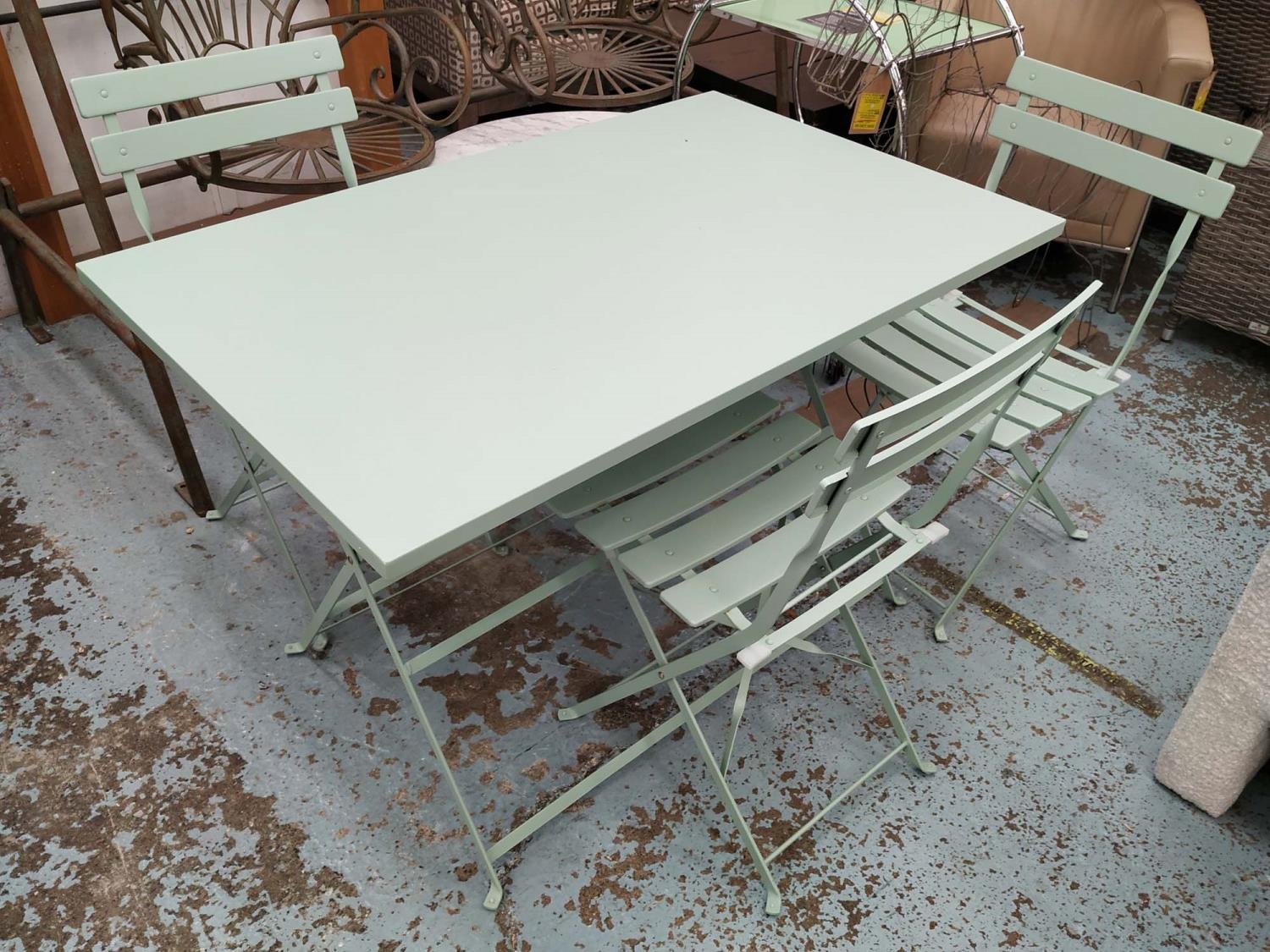 GARDEN SET INCLUDING FOLDING GARDEN TABLE, 70cm x 109cm L, metal painted in a Cambridge blue and