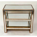 OKA CONSOLE/SHELVES, Versailles mirrored with two shelves and gilt banding, 77cm W x 41cm D.