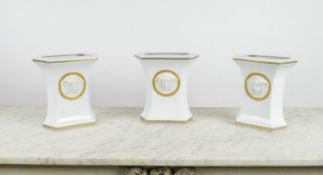 ROSENTHAL VERSACE 'GONGONA' VASES, a set of three, white procelain with gilt Greek key decoration