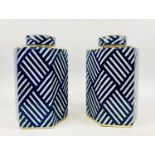 GINGER JARS, a pair, 32cm high, 20cm diameter, glazed ceramic, blue and white geometric stripe