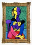 AFTER PABLO PICASSO (Spanish 1881-1973) 'Seated Women', silk scarf, 74cm x 49cm, gilt framed.