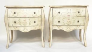 BEDSIDE CHESTS, a pair, French grey painted of bombe form each with two drawers. (2)