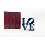 AFTER ROBERT INDIANA (American 1928-2018), 'Love (blue)' painted polystone sculpture, 15cm x 15cm