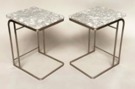 FLEXFORM DRINKS TABLES, a pair, Italian grey/white marble on stainless steel supports signed '
