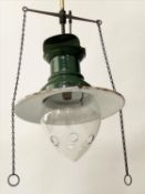HALL LANTERN, Edwardian green enamelled converted gas lamp, 90cm H.