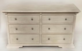 LOW CHEST, French style traditionally grey painted with six drawers, 150cm W x 56cm D x 76cm H.