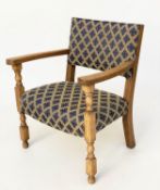 ELBOW ARMCHAIR, 1930s oak with silk geometric pattern upholstery, 56cm W.