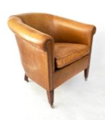 DESK CHAIR, Edwardian brass studded mid brown leather with raised bow back and square tapering