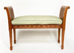 WINDOW SEAT, Regency style satinwood and hand painted swag decoration, cane panelled with cushion,