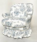 ARMCHAIR, 19th century French style with smoke blue toile de jouy button back upholstery, 82cm W.