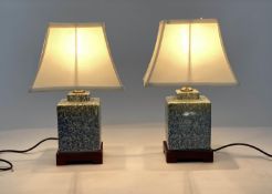 TABLE LAMPS, a pair, 42cm H, Chinese blue and white ceramic of stepped square form with shades. (2)