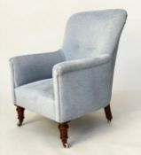 ARMCHAIR, Victorian with duck egg blue linen upholstery with rounded back, scroll arms and turned