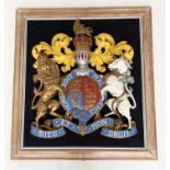 ROYAL COAT OF ARMS, resin modelled and hand painted in limewood and silver slip frame, 84cm W x 94cm