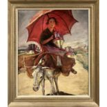 C BACH, after Laureano Barrau (1863-1957) 'The Red Parasol', oil on canvas 65cm x 59cm, signed,