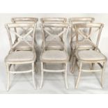 OKA DINING CHAIRS, a set of six, lime washed fruitwood with X backs and linen seats. (6)