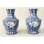 VASES, a pair, 42cm H, Chinese ceramic blue and white, of facetted vase form, decorated with '