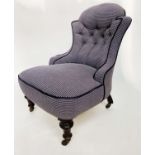 SLIPPER CHAIR, Victorian walnut with charcoal grey/white and corded upholstered with shaped deep