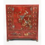 CHINOSERIE SIDE CABINET, 91cm W x 30cm D x 107cm H, Chinese scarlet lacquered and gilt Chinoserie