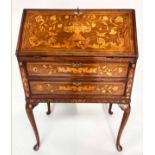 DUTCH BUREAU, 19th century mahogany and satinwood floral inlay with fall front and drawer, 75cm x