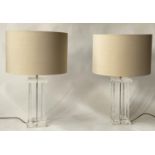 PORTA ROMANA TABLE LAMPS, a pair, contemporary, each with four lucite columns and drum silk