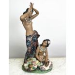 CERAMIC SCULPTURE, vintage 20th century 'Nao' Spain Lladro Daise 1985, two Polynesian women with