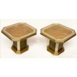 LAMP TABLES, a pair, 20th century Spanish bi metal square with etched brass, geometric banding and