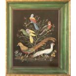 BEADWORK EXOTIC BIRDS, 19th century beadwork stump work and coral, 91cm x 76cm, framed and glazed.