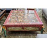 INDIAN LOW TABLE, 120cm x 120cm x 42cm, painted finish with elephant shaped supports, lift up top to