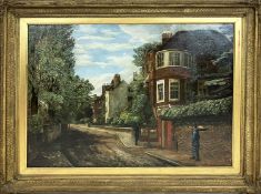 19th CENTURY SCHOOL, 'View in Hampstead Village with Figures', oil on canvas, 98cm x 115cm, in