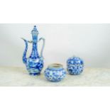 EWER, Chinese blue and white with lid, along with a bowl and lidded tea bowl, ewer 32cm H. (3)