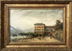 JAMES HAYLLAR RBA (1829-1920) 'View Of Lake Como with Hotel Genazzini', oil on canvas 25cm x 40cm,