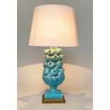 SPANISH LAMP, 83cm H with shade, soft blue ceramic, Casa Pupo style, pomegranates with swirl