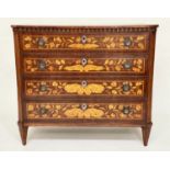 DUTCH COMMODE, 19th century mahogany and allover satinwood foliate marquetry with four long drawers,