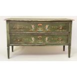 ITALIAN COMMODE, 19th century green painted and silvered wood with two drawers, hand painted