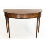 HALL TABLE, George III design, bowfront Sheraton style inlaid with single frieze drawer, raised on