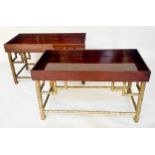 SHIPS LOW TABLES, a pair, rectangular mahogany with galleried tops and substantial bronze faux