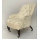 ARMCHAIR, Victorian ivory brocade upholstered with button back and turned supports, 80cm W.