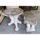 GARDEN LUNCHEON SET, Georgian style composite stone including a table, 70cm diam x 68cm H and bench,