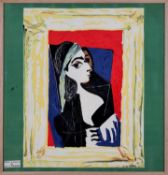 PABLO PICASSO, Portrait De Jacqueline on silk, Ref Spadem, 1967, 86.5cm x 60.5cm.