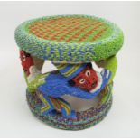 BAMILEKE STOOL/TABLE, 57cm diam x 52cm H, Cameroon, multi coloured beaded decoration