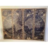 QUADRIPTYCH MAP OF THE WORLD, each panel 180cm high, 60cm wide, 5cm deep, in an antiqued finish.