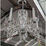 CHANDELIER, having five branches with cut glass facetted pendants, drops and chairs, 70cm H x 50cm