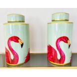 GINGER JARS, a pair, 40cm H x 20cm diam., glazed ceramic with flamingo print. (2)